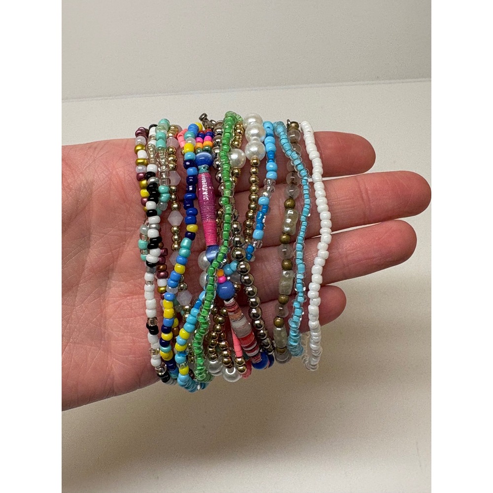 Multicolor Beaded Bracelet Lot 15PC Seed Bead Faux Pearl Paper Heart Toggle Boho